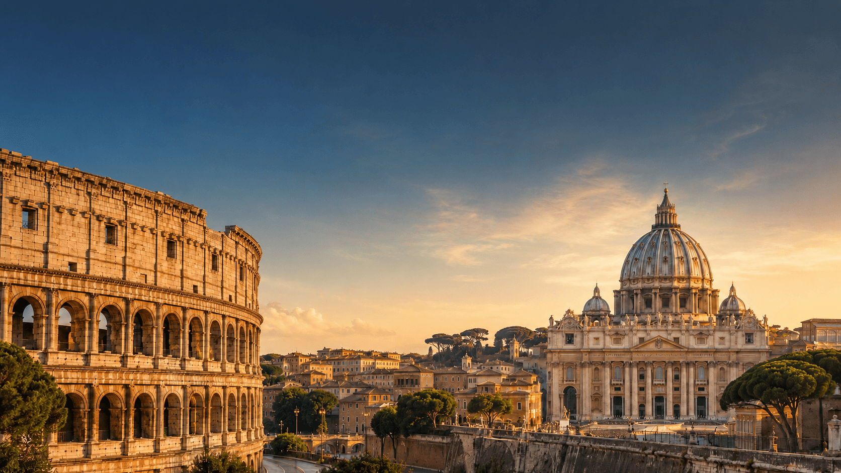 Golden-hour panoramic view of Rome featuring the Colosseum on the left and St. Peter’s Basilica in Vatican City on the right.