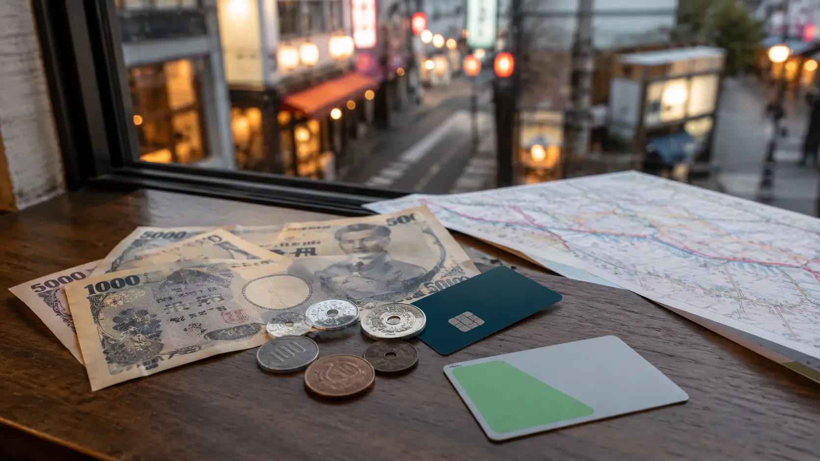 Japanese yen, a bank card and a transit IC card on a café table overlooking an Osaka street.